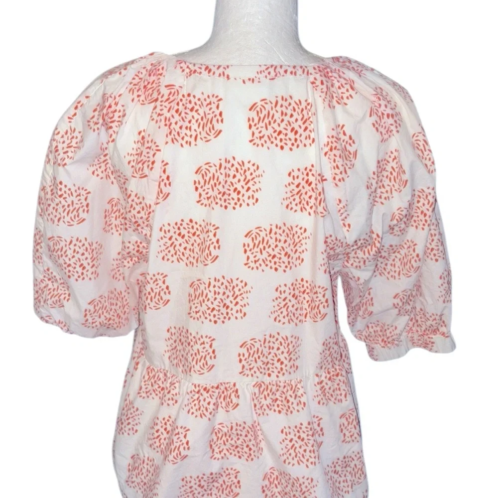 Anthropologie Moglea Danae White & Orange Puff Sleeve Babydoll Poplin Blouse - M